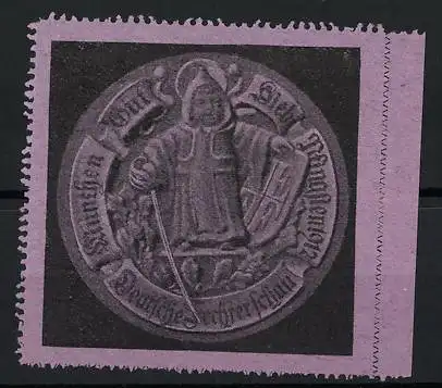 Reklamemarke München, Deutsche Fechterschau 1912, Münchner Kindl mit Wappen und Degen