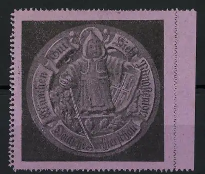 Reklamemarke München, Deutsche Fechterschau 1912, Münchner Kindl mit Wappen und Degen