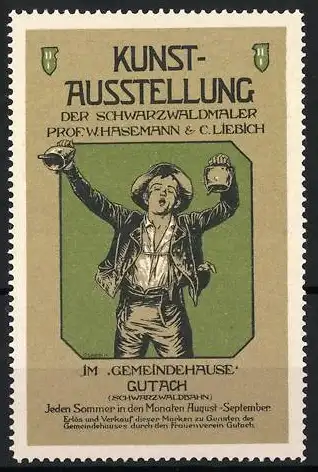 Reklamemarke Gutach, Kunstausstellung der Schwarzwaldmaler W. Hasemann & C. Liebich, Bauer mit Glocken