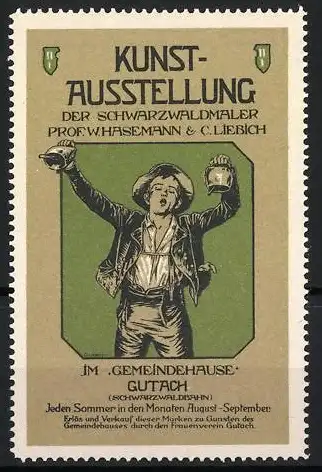 Reklamemarke Gutach, Kunstausstellung der Schwarzwaldmaler W. Hasemann & C. Liebich, Bauer mit Glocken