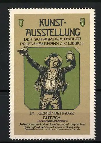 Reklamemarke Gutach, Kunstausstellung der Schwarzwaldmaler W. Hasemann & C. Liebich, Bauer mit Glocken