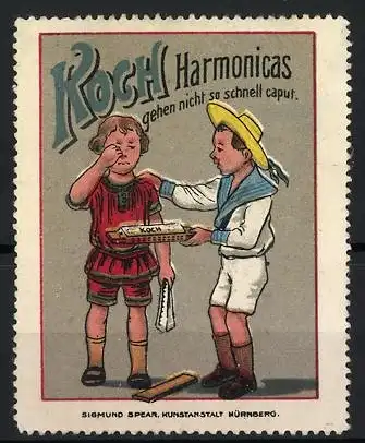 Reklamemarke Koch Harmonicas gehen nicht so schnell caput, Knabe tröstet einen anderen