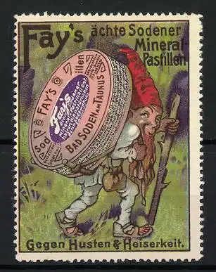 Reklamemarke Fay`s ächte Sodener Mineral-Pastillen, gegen Husten & Heiserkeit, Zwerg mit grosser Dose auf dem Rücken