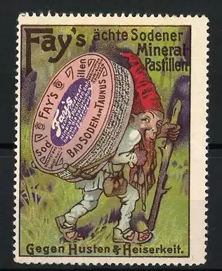 Reklamemarke Fay`s ächte Sodener Mineral-Pastillen, gegen Husten & Heiserkeit, Zwerg mit grosser Dose auf dem Rücken