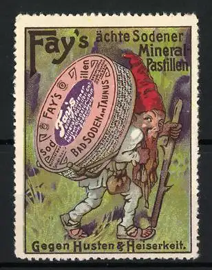 Reklamemarke Fay`s ächte Sodener Mineral-Pastillen, gegen Husten & Heiserkeit, Zwerg mit grosser Dose auf dem Rücken