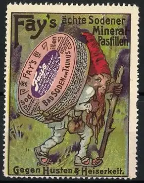 Reklamemarke Fay`s ächte Sodener Mineral-Pastillen, gegen Husten & Heiserkeit, Zwerg mit grosser Dose auf dem Rücken
