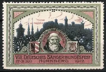 Reklamemarke Nürnberg, VIII. Deutsches Sängerbundesfest 1912, Portrait Hans Sachs vor Burg-Silhouette