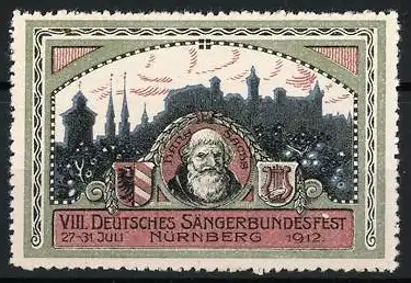 Reklamemarke Nürnberg, VIII. Deutsches Sängerbundesfest 1912, Portrait Hans Sachs vor Burg-Silhouette