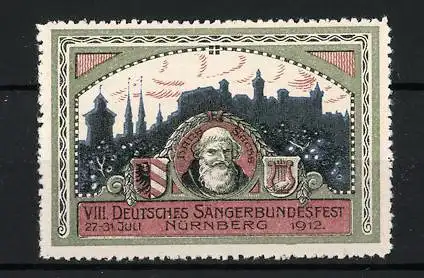 Reklamemarke Nürnberg, VIII. Deutsches Sängerbundesfest 1912, Portrait Hans Sachs vor Burg-Silhouette