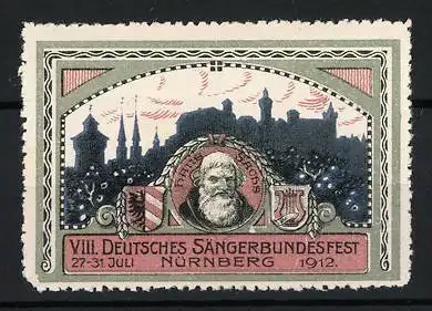 Reklamemarke Nürnberg, VIII. Deutsches Sängerbundesfest 1912, Portrait Hans Sachs vor Burg-Silhouette