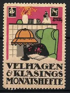 Künstler-Reklamemarke J.B. Maier, Velhagen & Klasings Monatshefte, Sessel mit Leselampe