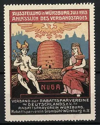 Reklamemarke Würzburg, Ausstellung NUGA 1913, Göttin und Hermes vor einem Bienenstock sitzend