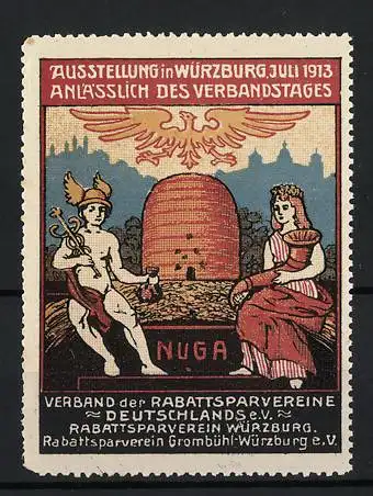 Reklamemarke Würzburg, Ausstellung NUGA 1913, Göttin und Hermes vor einem Bienenstock sitzend