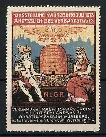 Reklamemarke Würzburg, Ausstellung NUGA 1913, Göttin und Hermes vor einem Bienenstock sitzend