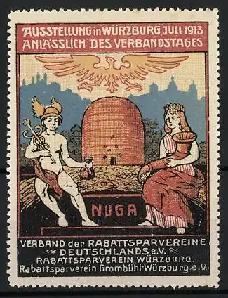 Reklamemarke Würzburg, Ausstellung NUGA 1913, Göttin und Hermes vor einem Bienenstock sitzend