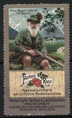 Reklamemarke Prinz-Regent Luitpold von Bayern als Jäger, Parkett-Rose Bodenwichse