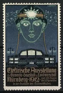 Reklamemarke Nürnberg, Elektrische Ausstellung f. Gewerbe, Haushalt & Landwirtschaft 1912, Frauenkopf & Gebäude