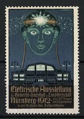 Reklamemarke Nürnberg, Elektrische Ausstellung f. Gewerbe, Haushalt & Landwirtschaft 1912, Frauenkopf & Gebäude