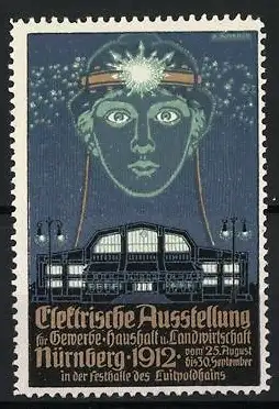 Reklamemarke Nürnberg, Elektrische Ausstellung f. Gewerbe, Haushalt & Landwirtschaft 1912, Frauenkopf & Gebäude