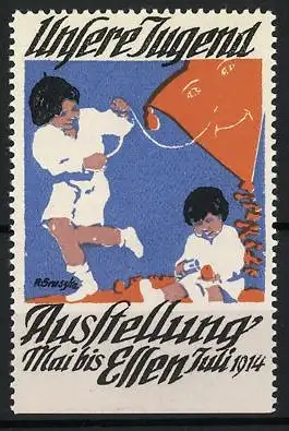 Reklamemarke Essen, Ausstellung Unsere Jugend 1914, Kinder lassen Drachen steigen