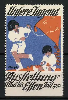 Reklamemarke Essen, Ausstellung Unsere Jugend 1914, Kinder lassen Drachen steigen