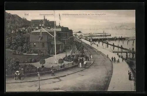 AK Kiel, Seebadeanstalt und Strandpromenade mit Blick auf den Kriegshafen