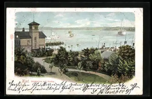 Lithographie Kiel, Seegarten mit Hafen, Dampfer