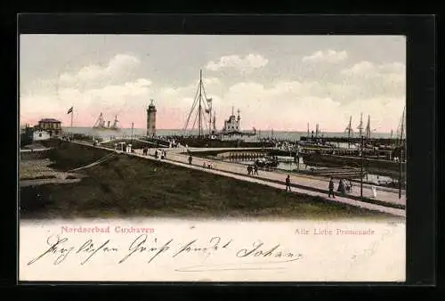 AK Cuxhaven /Nordsee, Alte Liebe Promenade mit Leuchtturm