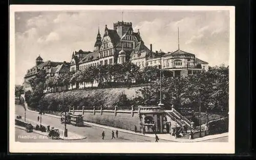 AK Hamburg-St.Pauli, Reichsseefahrtschule und Strasse mit Strassenbahn