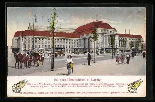 AK Leipzig, Pferdekutschen und Strassenbahnen vor dem Hauptbahnhof