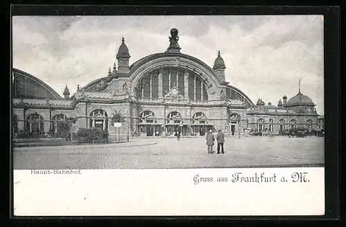 AK Frankfurt, Haupt-Bahnhof mit Leuten um 1900