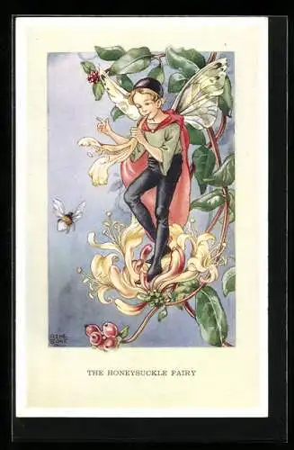 Künstler-AK Rene Cloke: The Honeysuckle Fairy, Elfe auf Blume