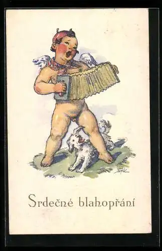 Künstler-AK M. Fischerova-Kvechova (MFK): Kleiner Engel mit Akkordeon und Hund