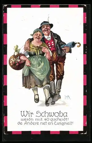 Künstler-AK Hans Boettcher: Wir Schwoba, Fröhliches Paar in Trachten