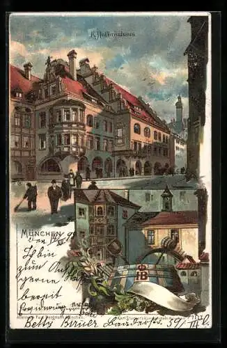 Künstler-AK Theodor Guggenberger: Münchner Hofbräuhaus, Aussenansicht, grosses Fass