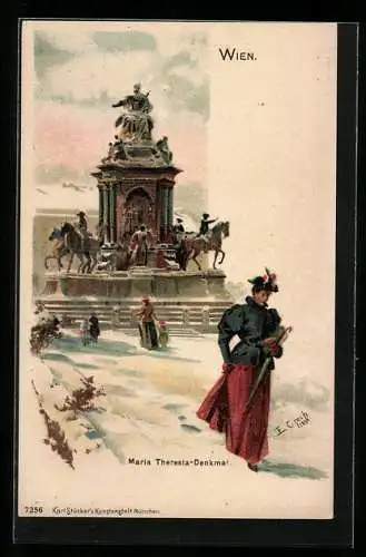 Lithographie Wien, Maria Theresia-Denkmal im Winter