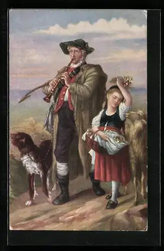 Künstler-AK Grünwald: Schäfers Heimkehr, Hirte mit Tochter, Hirtenhund und Schaf