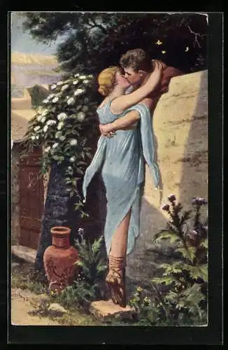 Künstler-AK sign. H. Hirsch: Pärchen küsst sich an der Mauer