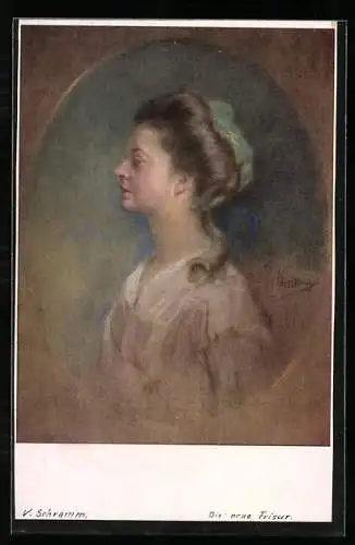 Künstler-AK sign. V. Schramm: Frau mit neuer Frisur