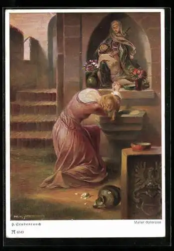 Künstler-AK sign. H. Stubenrauch: Faust, Mater Dolorosa, Frau verzweifelt vor Maria und Jesus Altar, Krug zerbrochen