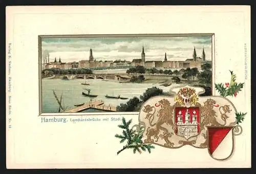 Passepartout-Lithographie Hamburg-Neustadt, Lombardsbrücke mit Stadt und Wappen