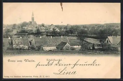 AK Warin, Teilansicht der Ortschaft, Blick zur Kirche