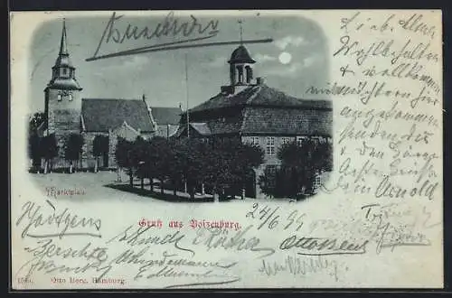 Mondschein-AK Boizenburg, Markplatz mit Kirche