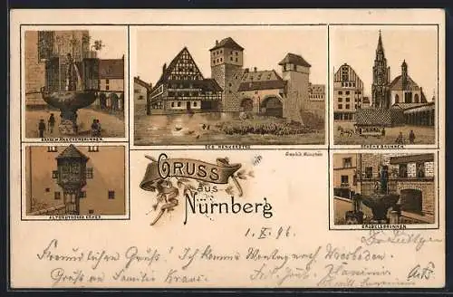 Lithographie Nürnberg, Altdeutscher Erker, Henkersteg und Schöne Brunnen