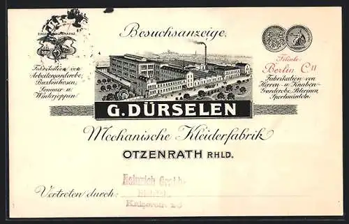 AK Otzenrath Rhld., Besuchsanzeige G. Dürselen, Mechanische Kleiderfabrik