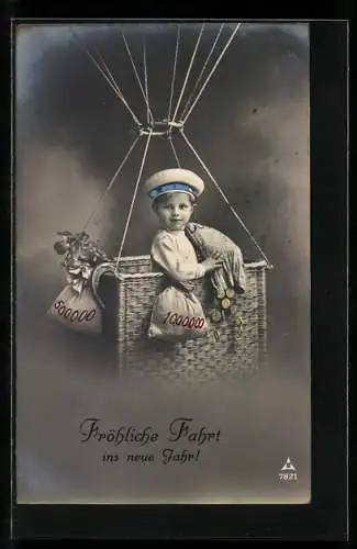 AK Neujahrsgratulant wirft Geld vom Ballon ab