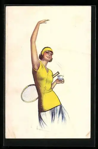 AK Frau mit Tasse bereit für Tennis