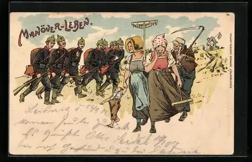 Lithographie Deutsche Soldaten treffen beim Manöver eine Bauernfamilie