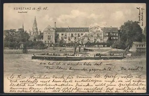 AK Konstanz, Inselhotel vom Wasser aus, Dampfer, Kirche