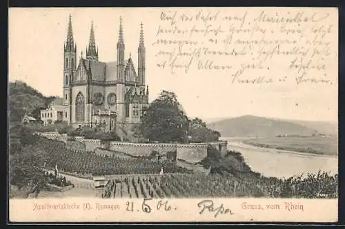 AK Remagen, Apollinariskirche mit Rheinblick